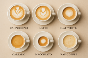 разные виды кофе с молоком: Капучино, Латте, Флэт Уайт, Кортадо, Маккиато, Раф-кофе
