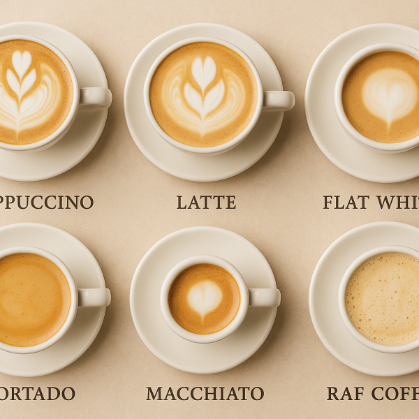 разные виды кофе с молоком: Капучино, Латте, Флэт Уайт, Кортадо, Маккиато, Раф-кофе