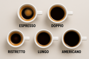 кофе без молока вид сверху в кружках для каждого вида кофе: Эспрессо, Доппио, Ристретто, Лунго, Американо