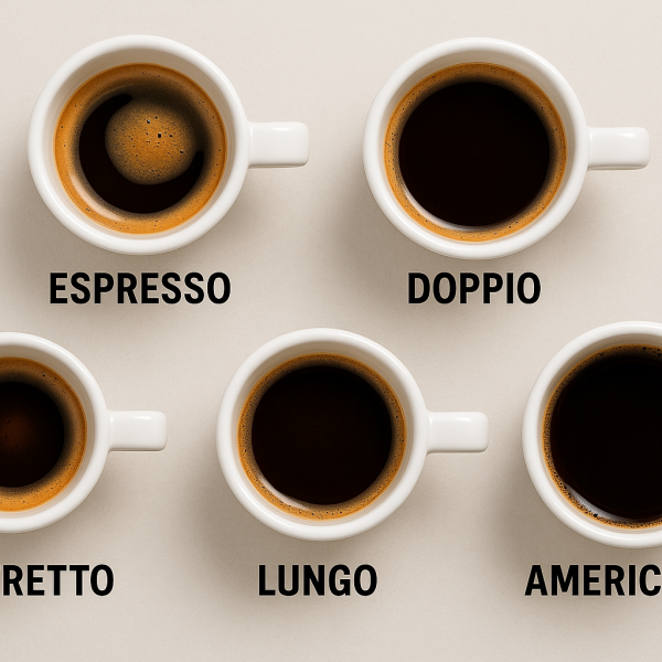 кофе без молока вид сверху в кружках для каждого вида кофе: Эспрессо, Доппио, Ристретто, Лунго, Американо