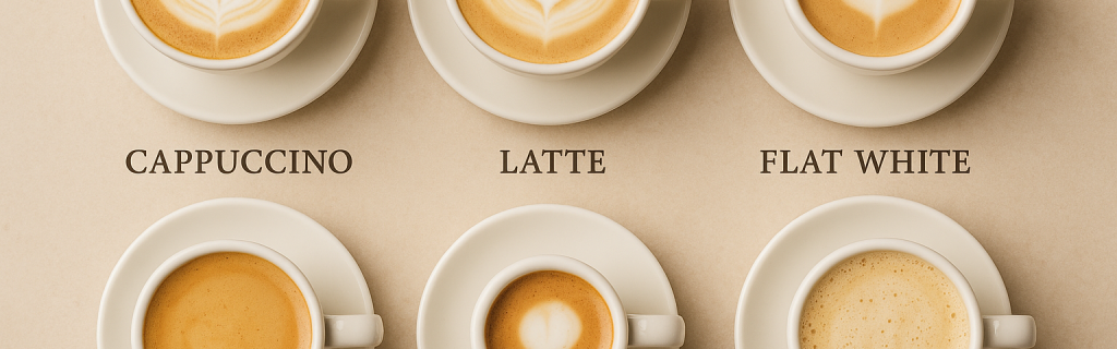 разные виды кофе с молоком: Капучино, Латте, Флэт Уайт, Кортадо, Маккиато, Раф-кофе